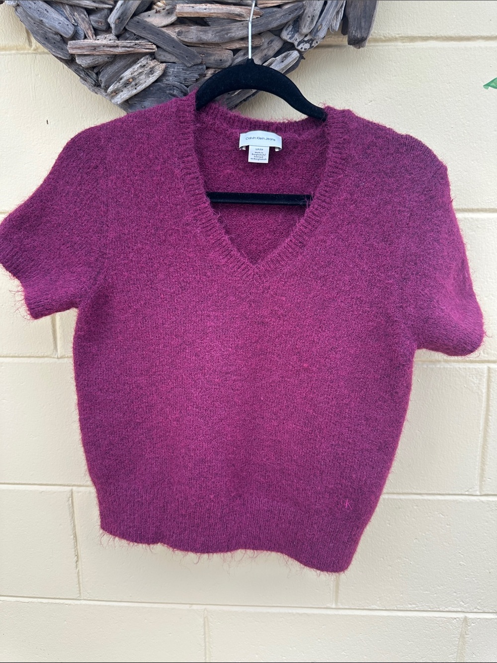 Calvin Klein Jeans Short Sleeve V-Neck Sweater in Berry Plum